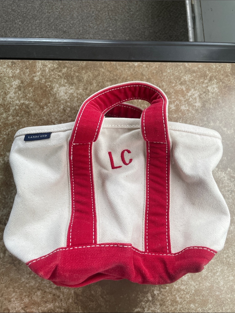 Lands' End Cream Canvas Tote with Red Trim & Monogram LC